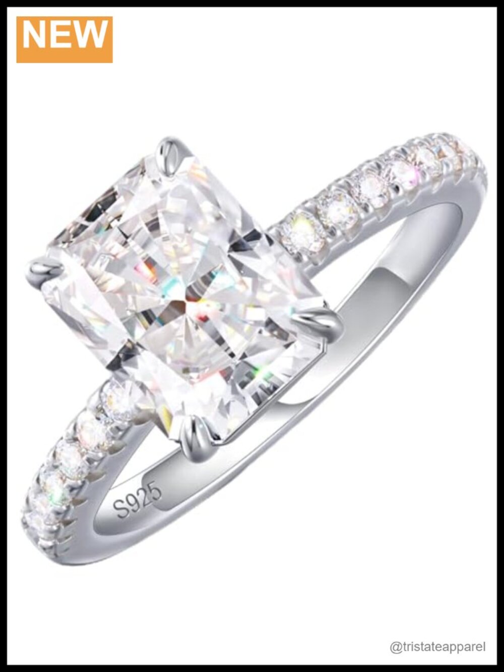 Moissanite Solitaire Ring 18K White Gold Plated 925 Sterling Silver Radiant Cut